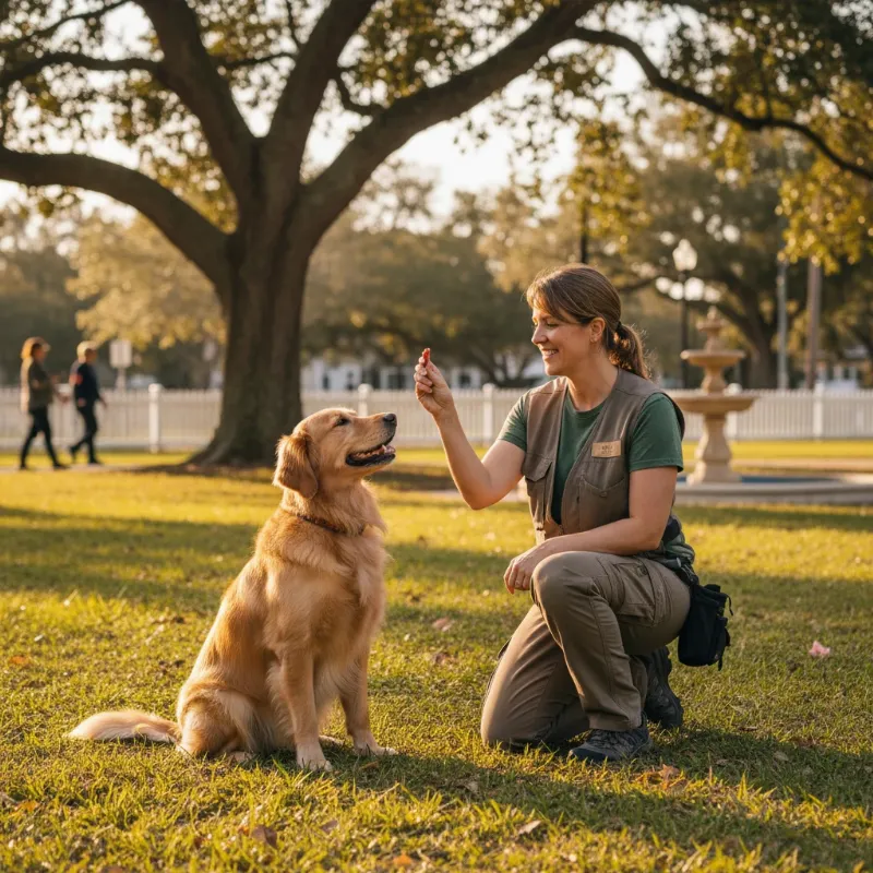 A professional dog trainer in Plant City kneeling and giving a treat to a happy golden retriever during an outdoor training session, demonstrating the benefits of dog training Plant City.