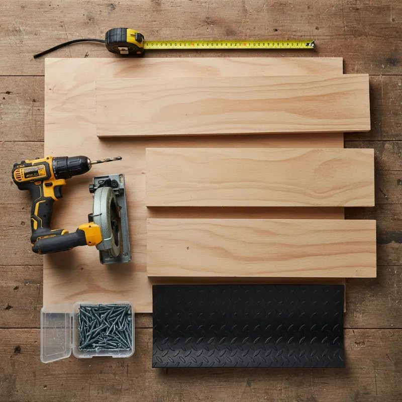 A collection of tools and materials for a dog training platform DIY project, including plywood, lumber, a drill, and a saw.