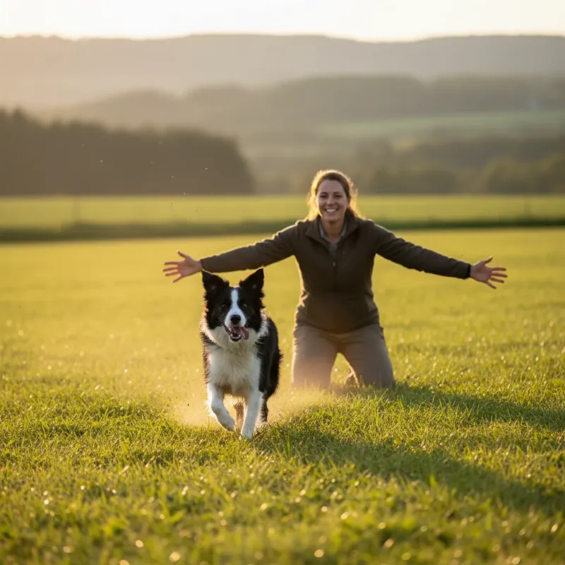 A person and their Border Collie in a park during a training session, with the dog happily running towards the owner.