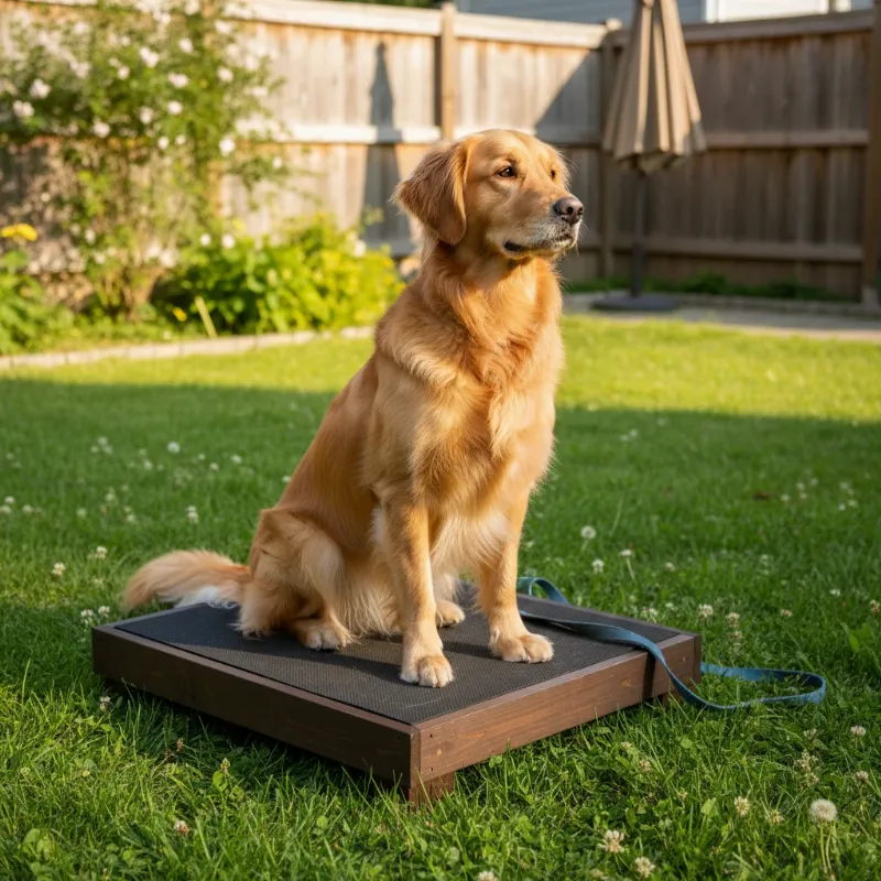 A happy golden retriever confidently sitting on a newly built DIY training platform in a backyard.