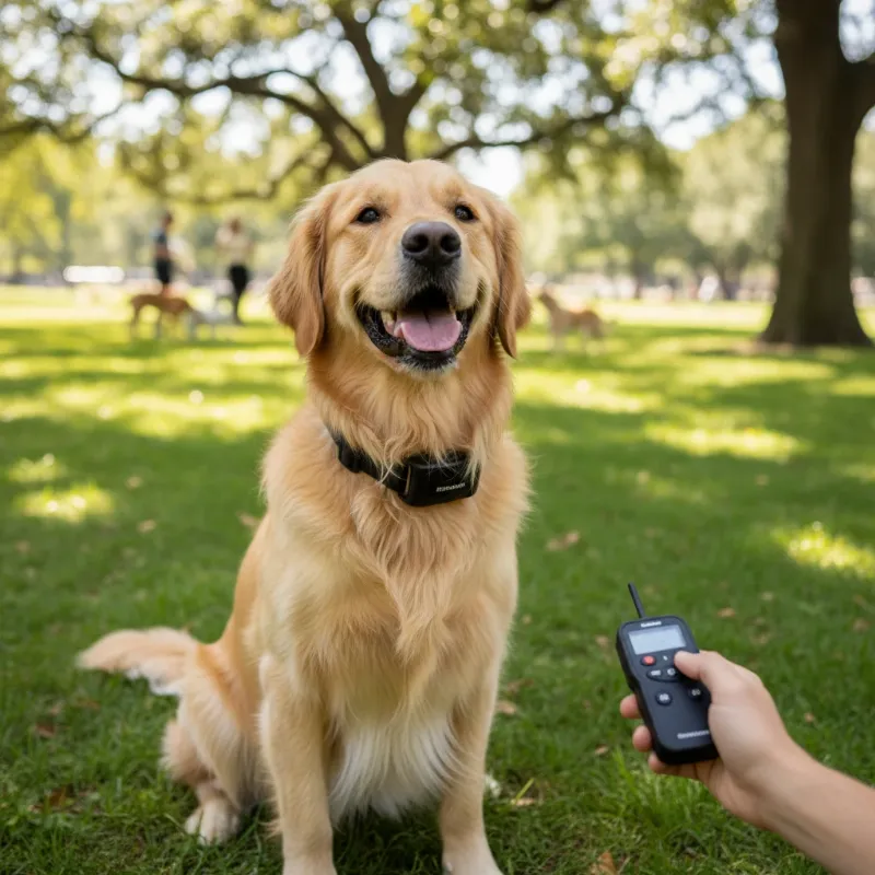 A close-up of a Golden Retriever wearing a modern e-collar correctly, high on its neck, looking calm and attentive to its owner.