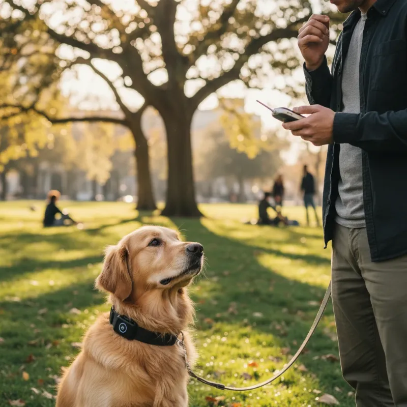 A close-up of a Golden Retriever wearing a modern e-collar, looking calm and attentive to its owner who is holding the remote.