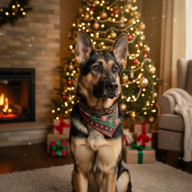 A friendly German Shepherd sitting proudly by a Christmas tree, wearing a festive red and green bandana, looking like a loyal family protector.