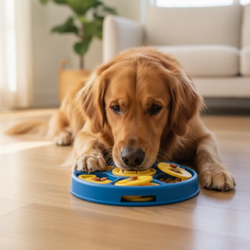 A happy golden retriever intensely focused on solving a colorful interactive puzzle feeder, using its nose to slide pieces and find treats. This illustrates good dog enrichment and training.