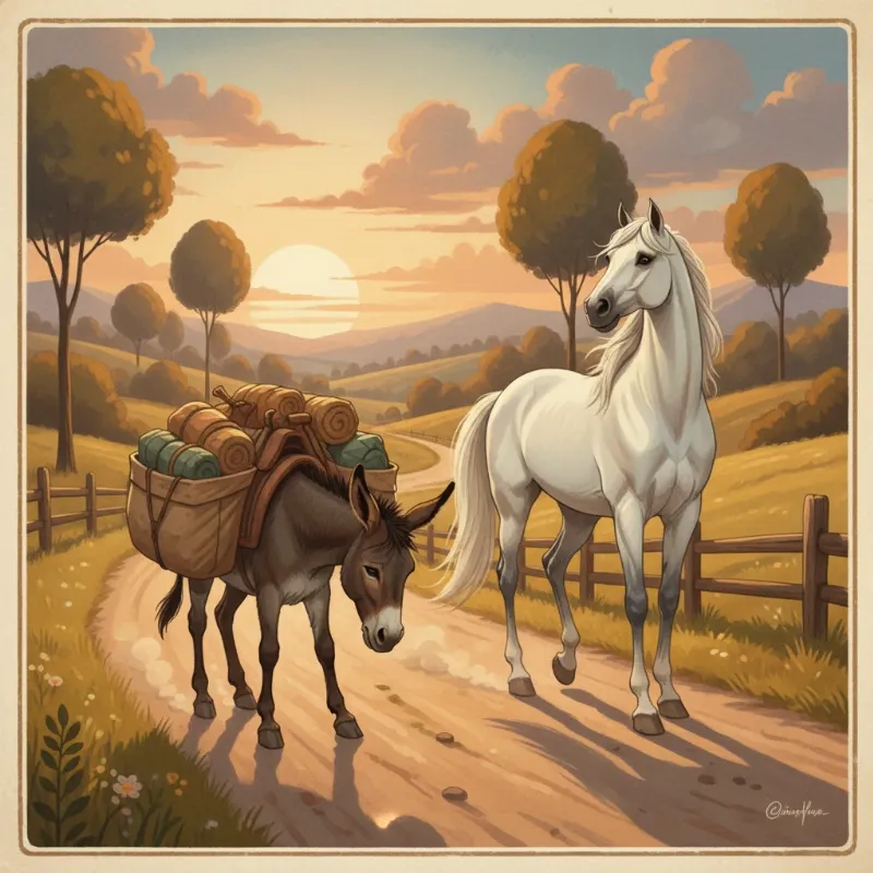 An illustration for the donkey and the horse story, showing the overburdened donkey pleading with the proud horse.