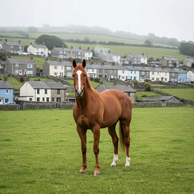 The Dream Alliance horse true story, showing a spirited chestnut horse with white markings standing proudly in a green field, with the backdrop of a Welsh village symbolizing his humble community origins.