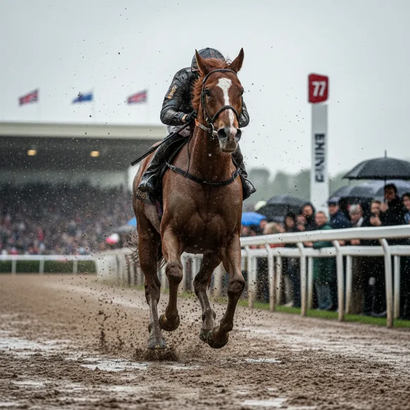 The true story of Dream Horse, showing Dream Alliance in full stride on a muddy racecourse.