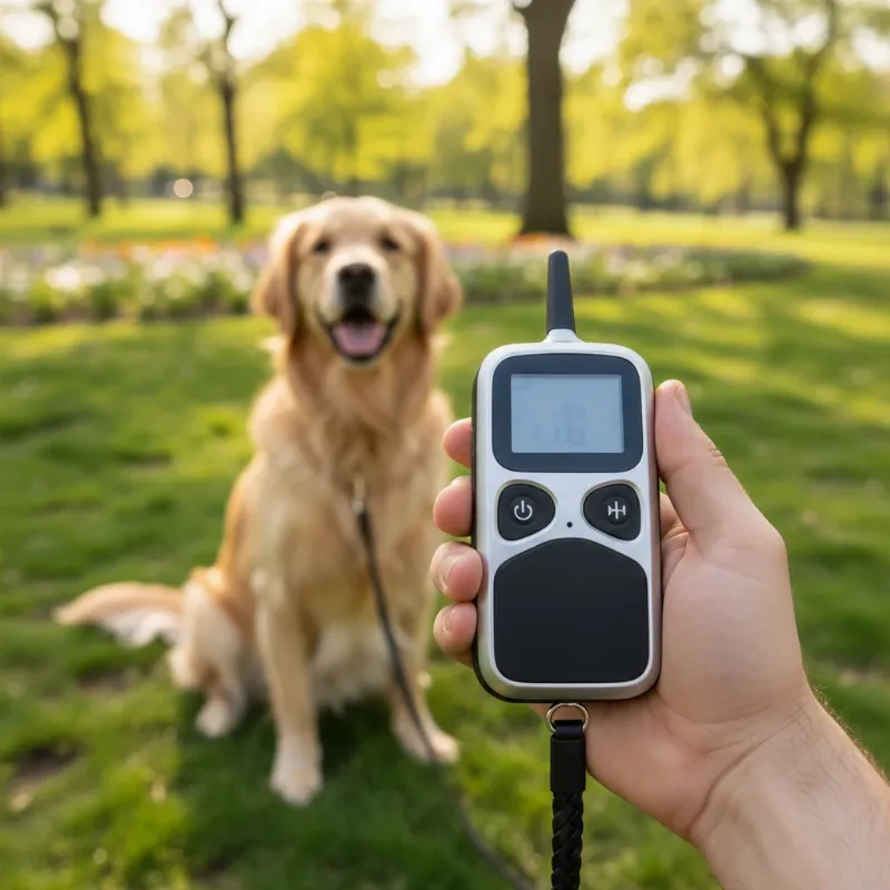 A person holding a modern e-collar remote with a happy, well-behaved golden retriever in the background, showcasing responsible dog training.