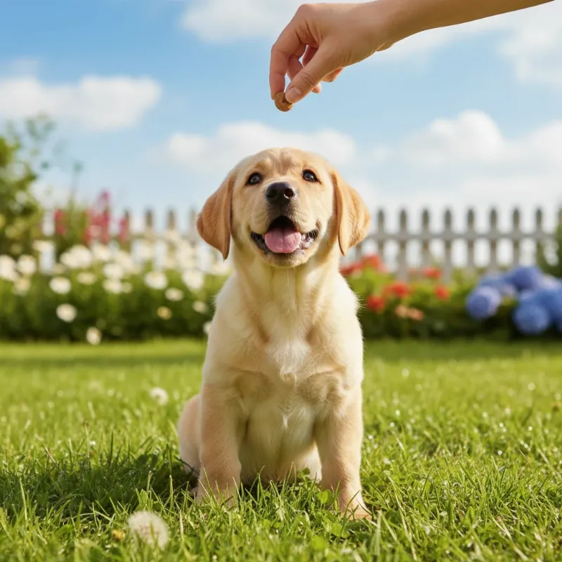 A happy Labrador Retriever successfully performing a 'sit' command for a treat, showcasing the easiest breed of dog to train.