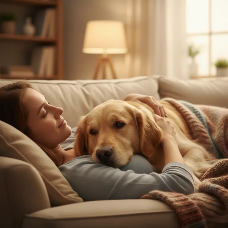 An emotional support dog story showing a golden retriever resting its head on the lap of its owner, who is sitting on a couch and smiling.