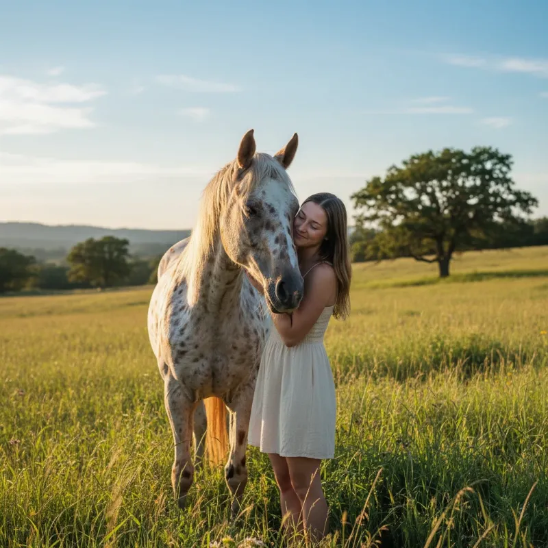 The Endo the blind horse story features the deep bond between Endo and his owner, Morgan Wagner, as they stand together in a field.