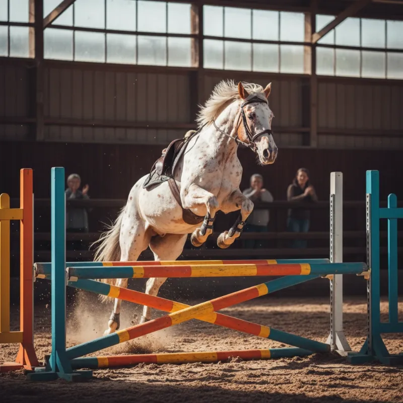 Highlighting the Endo the blind horse story, Endo is captured mid-air, clearing a jump with perfect form, guided by his owner's commands.