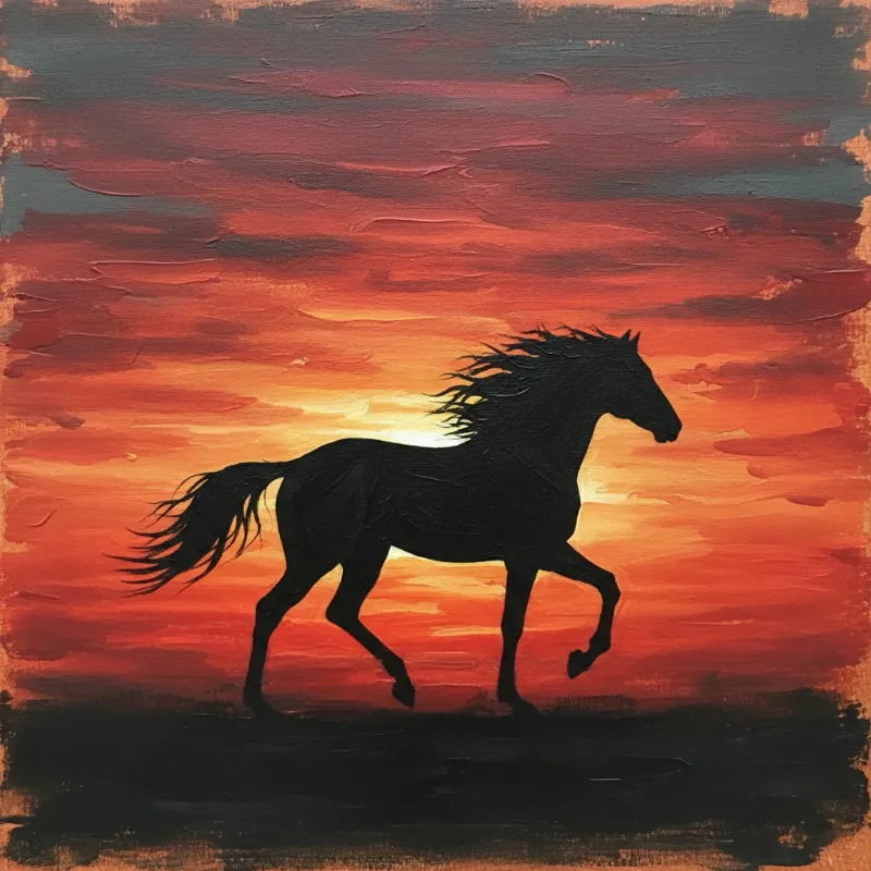 A symbolic and artistic representation of erotic horse stories, showing a shadowy horse silhouette against a fiery, passionate sunset.