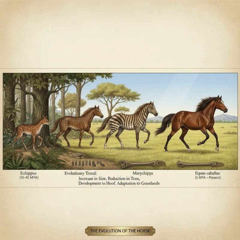 The story of the horse's evolution from the small Eohippus to the modern Equus shown in a timeline.