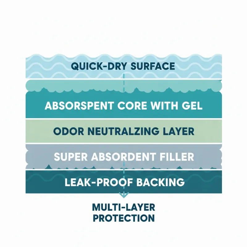 An infographic-style image showing a cross-section of a multi-layered xlarge dog training pad, with labels pointing to the quick-dry top layer, absorbent core, odor control technology, and leak-proof backing.