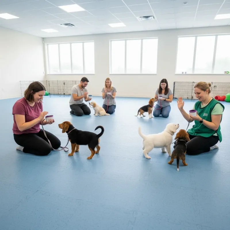 A diverse group of puppies like a Golden Retriever, a French Bulldog, and a Doodle are sitting attentively in a bright, clean training facility in Westwood, NJ, looking at their owners.