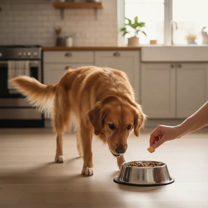Positive reinforcement training to stop food aggression in dogs, showing a person dropping a treat into a dog's bowl from a safe distance.