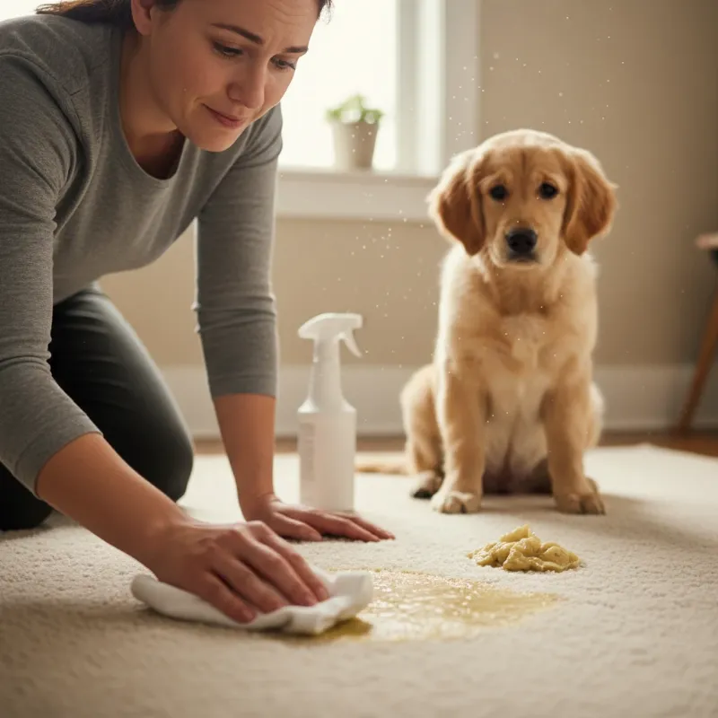 A frustrated but gentle dog owner cleaning up a potty accident on a living room rug, illustrating the challenge of dog training housebreaking problems.