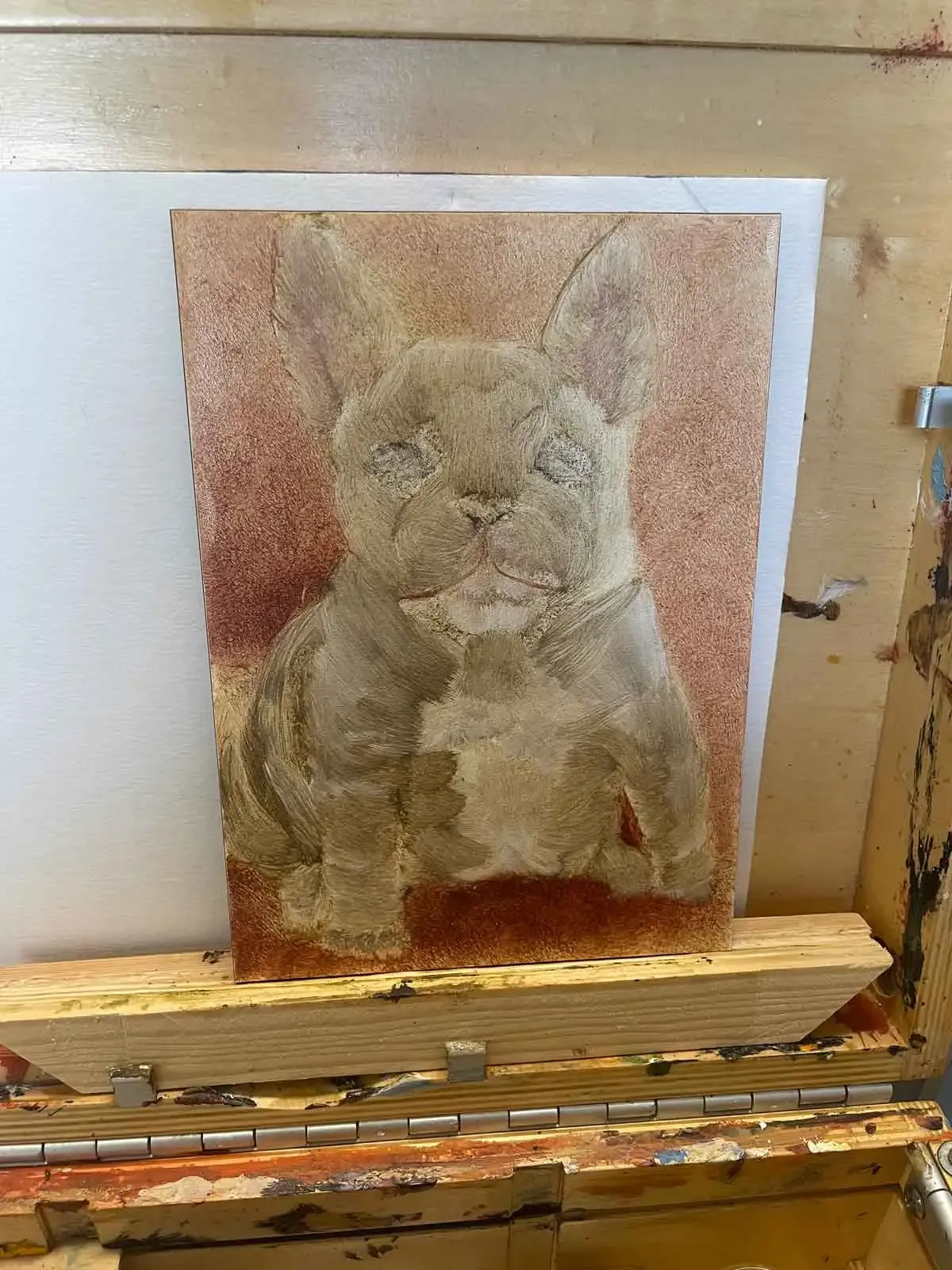 Further stages of refinement for the French Bulldog painting.