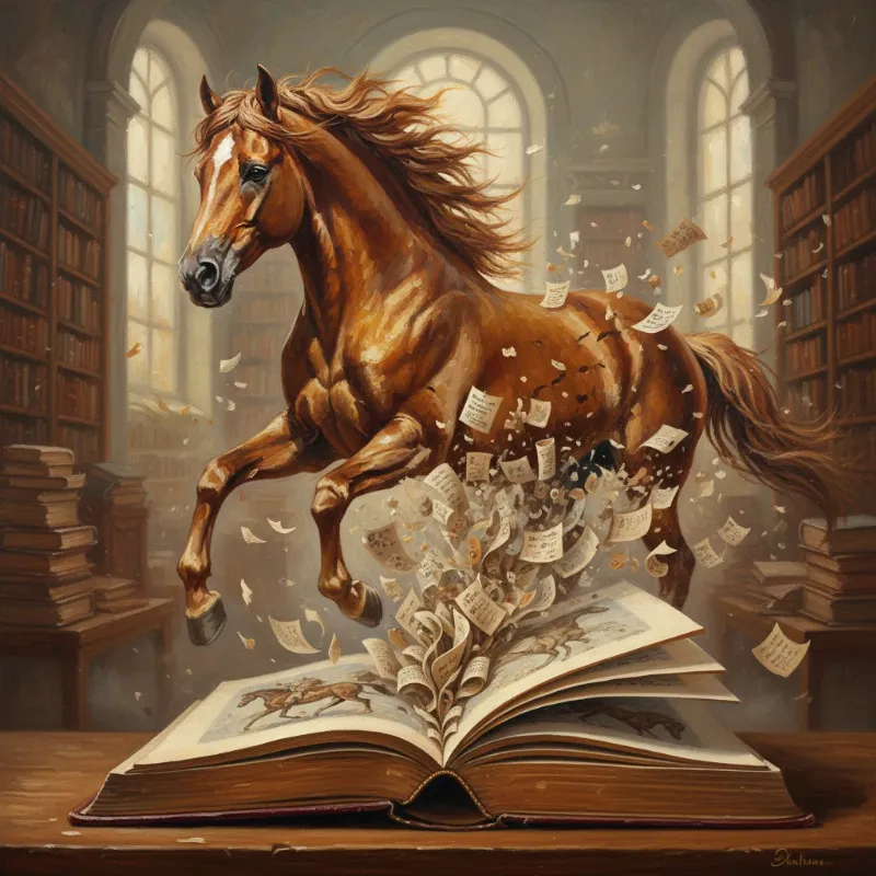 A conceptual image representing the blend of fact and fiction in Geraldine Brooks' novel Horse, a true story at its core.