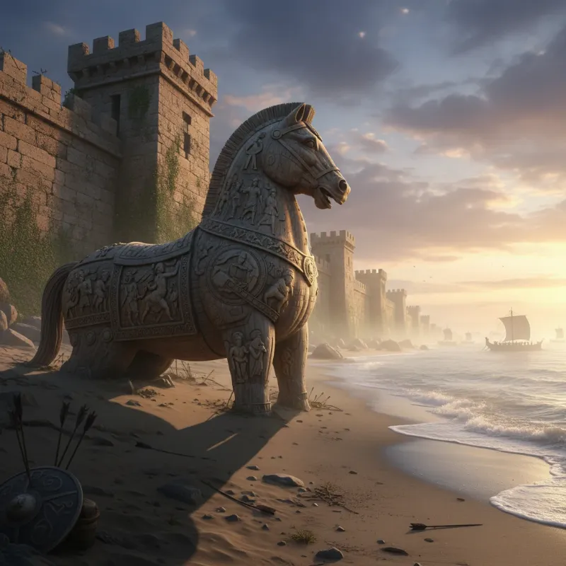 The iconic Trojan Horse from Greek mythology standing ominously outside the impenetrable walls of the ancient city of Troy.