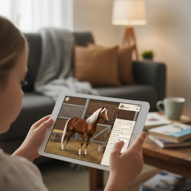A young girl with headphones on, completely absorbed in playing a horse story app on her tablet, with a vibrant, animated horse visible on the screen.