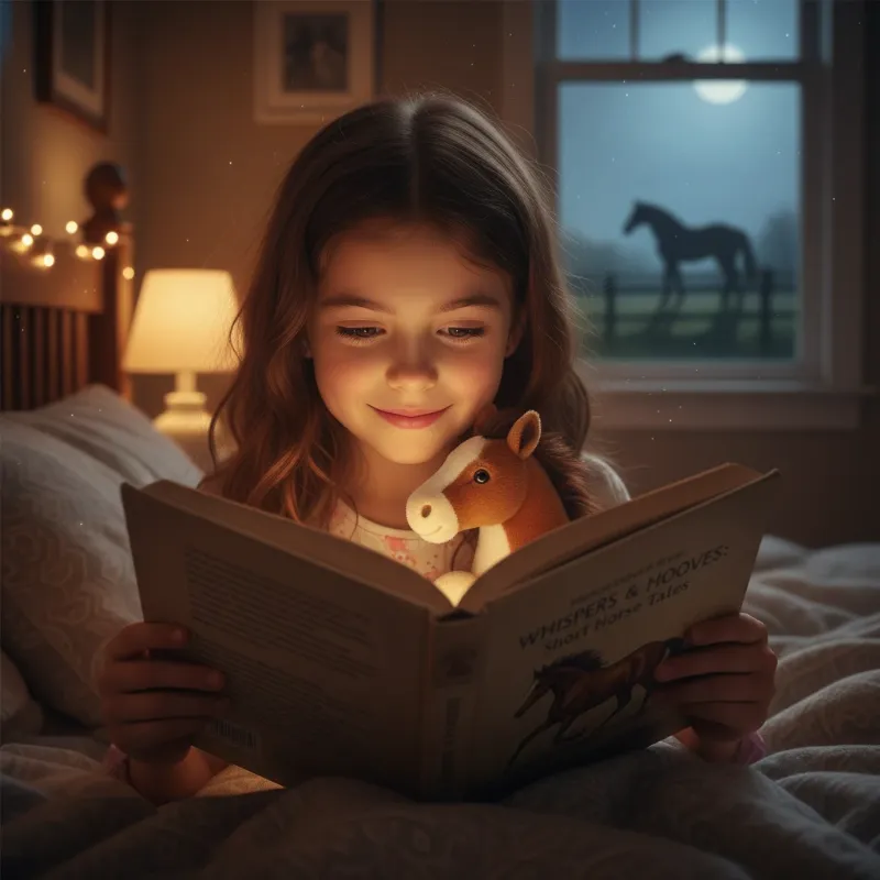 A young girl sitting in a sunny meadow, completely absorbed in a book with a horse on the cover, while a gentle, friendly horse grazes peacefully nearby, capturing a moment of quiet connection and imagination.