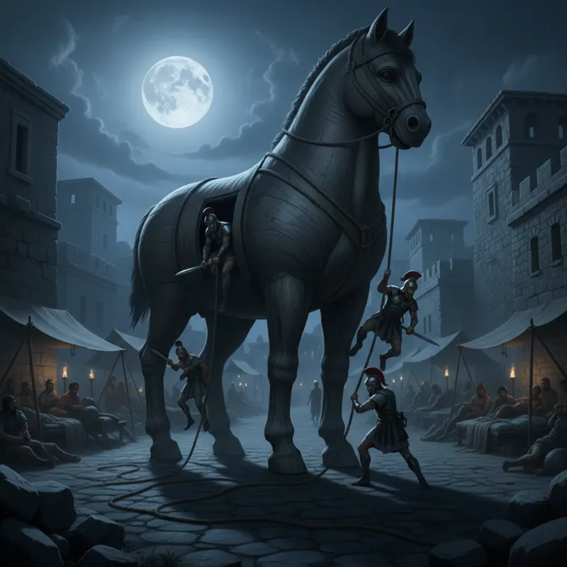 Greek soldiers, led by Odysseus, stealthily emerging from the Trojan Horse into the sleeping city of Troy at night.