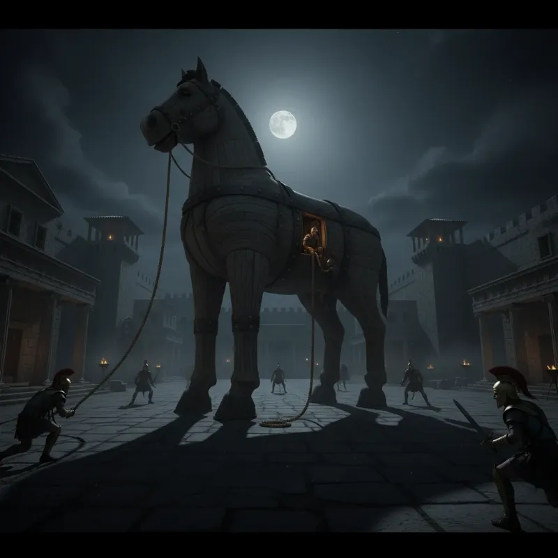 Greek soldiers stealthily emerging from the trojan horse short story in the dead of night within the walls of Troy.