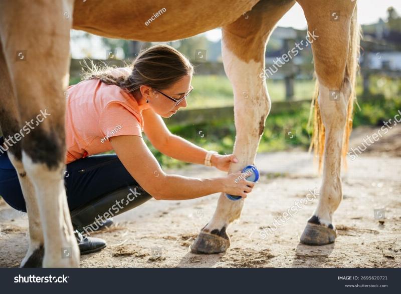 A person learning to groom a gentle brown horse before a training class, with brushes and tools visible. The scene is calm and focused on the horse-human bond.