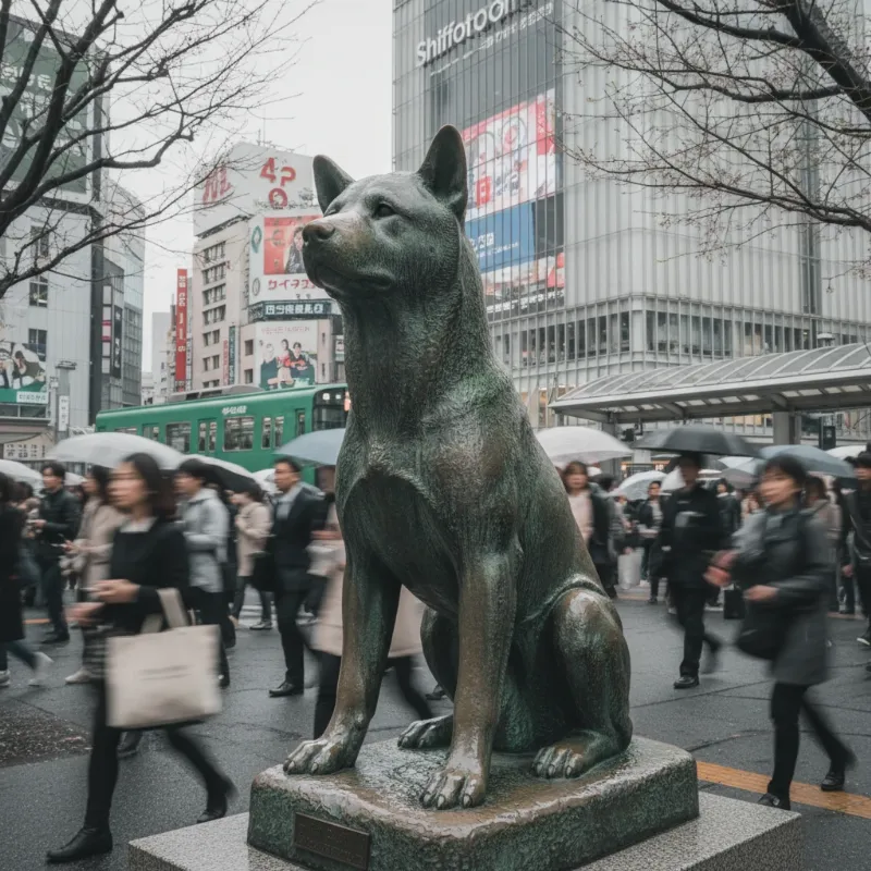 The iconic bronze statue of Hachikō, the Japanese dog at the train station, a popular meeting spot in Tokyo.
