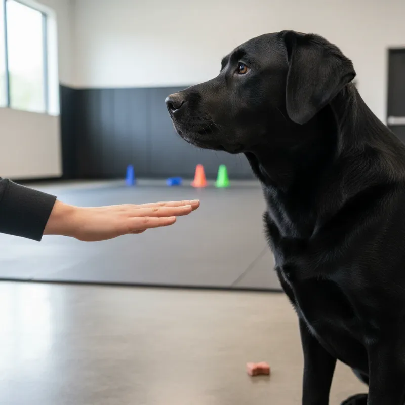 A focused handler practicing the 'leave it' command with a black labrador during a certified therapy dog training session, with a treat on the floor.