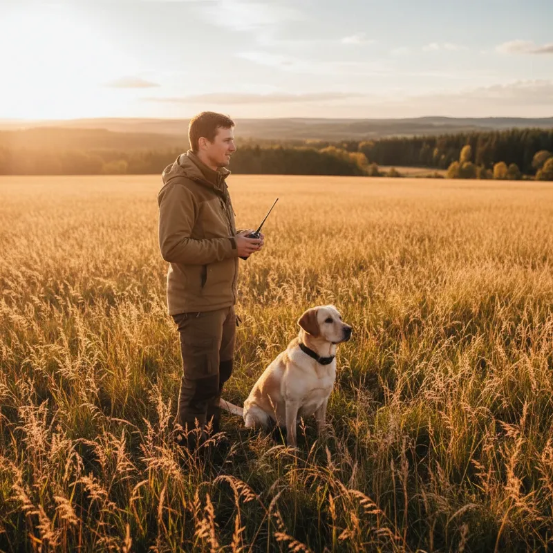 A handler using a remote while a focused gun dog, wearing a training collar, stands at attention in a golden field.