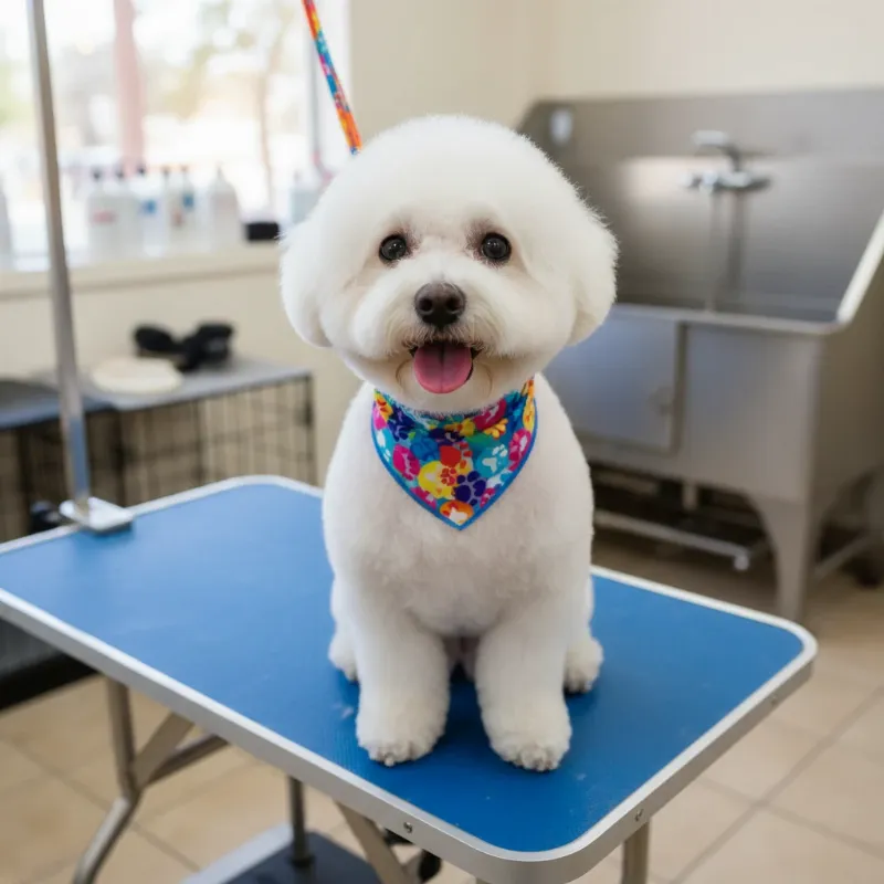 A freshly groomed Bichon Frise sits happily after its dog grooming training session at PetSmart, showcasing a perfect haircut.