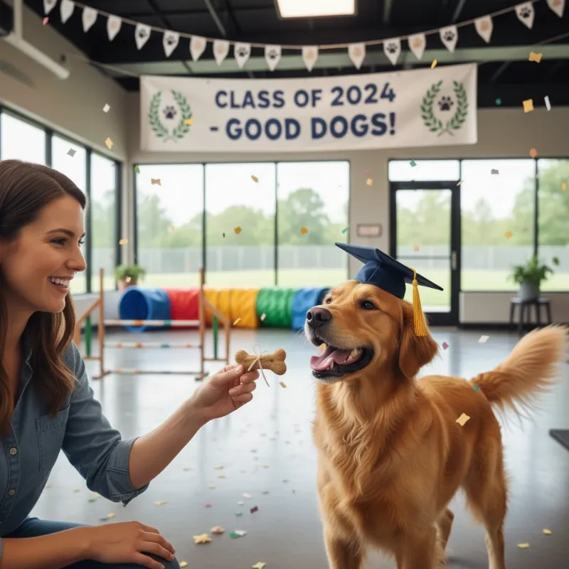 A golden retriever wearing a small graduation cap, looking proudly at its owner who is kneeling and offering a treat after a 2 week dog training program.