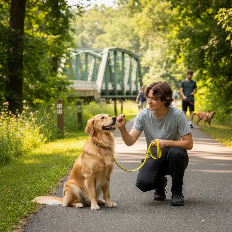 A person kneeling and giving a treat to a happy Golden Retriever during a training session in a sunny Northern Virginia park, with other dogs blurred in the background, showcasing the positive experience of finding a great dog trainer in Northern Virginia.