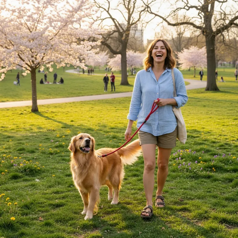 A Golden Retriever walks happily on a loose leash next to its owner on a sunny park path, showcasing a positive dog training experience.
