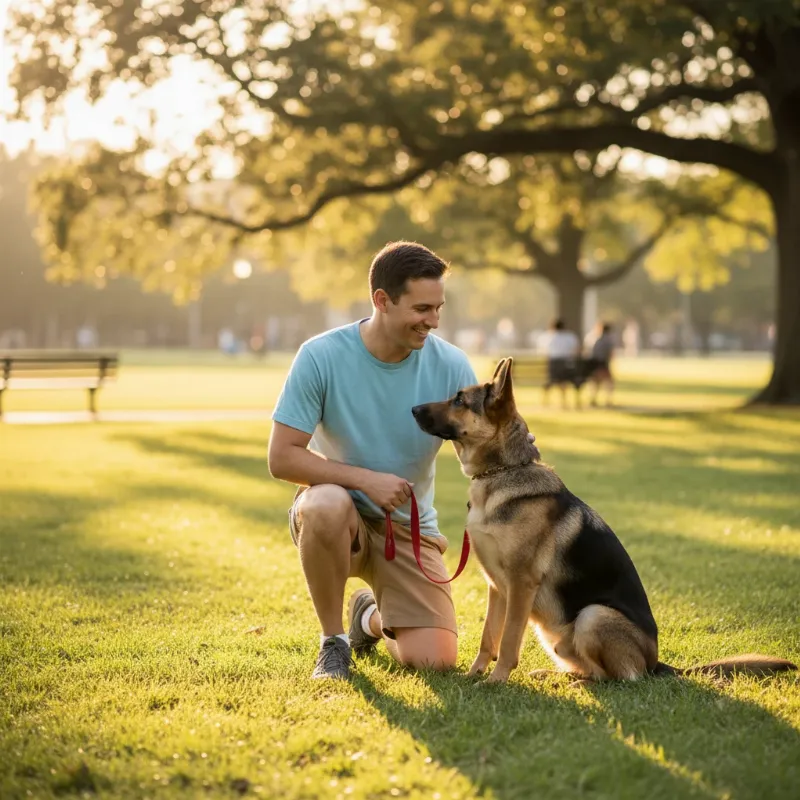 A happy, well-behaved German Shepherd sitting next to its owner, showcasing the positive results of Day Hill Dog Training.