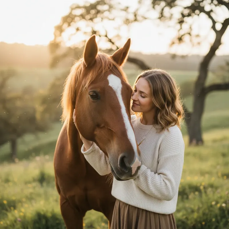 A close-up shot of a smiling woman gently stroking the face of a calm, happy-looking brown horse in a sunny, green field, representing the bond between humans and horses.
