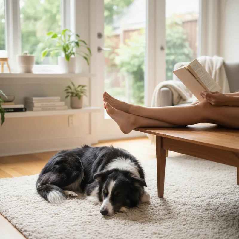 A person relaxing on a couch with their well-behaved Border Collie lying calmly on the rug at their feet in a clean and tidy living room, demonstrating the peace of mind that comes with knowing what does house trained mean for a dog.