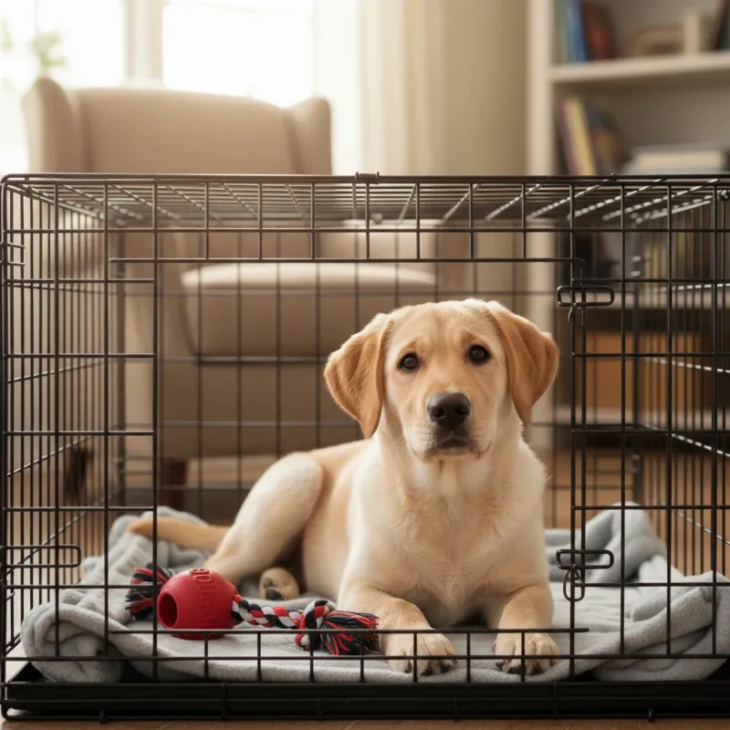 A happy Labrador puppy sitting comfortably inside a wire potty training dog crate with a divider, looking out with a calm expression.