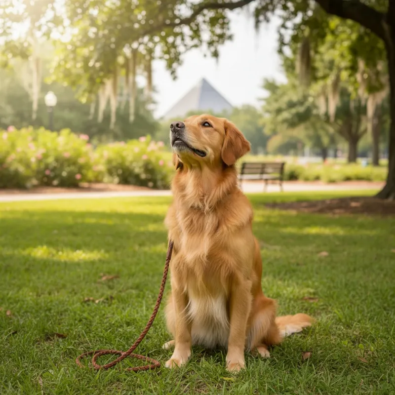 A well-behaved Golden Retriever sitting happily next to its owner, showcasing the results of good dog training in Memphis.