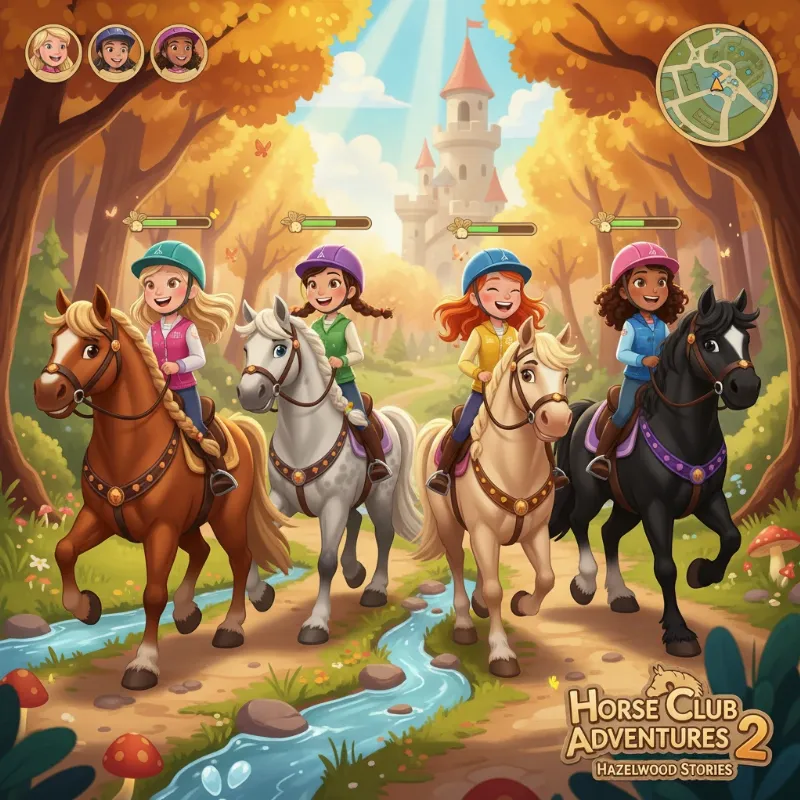 A vibrant, colorful scene from Horse Club Adventures 2 Hazelwood Stories, showing the four main characters riding their horses through a sun-dappled forest trail.