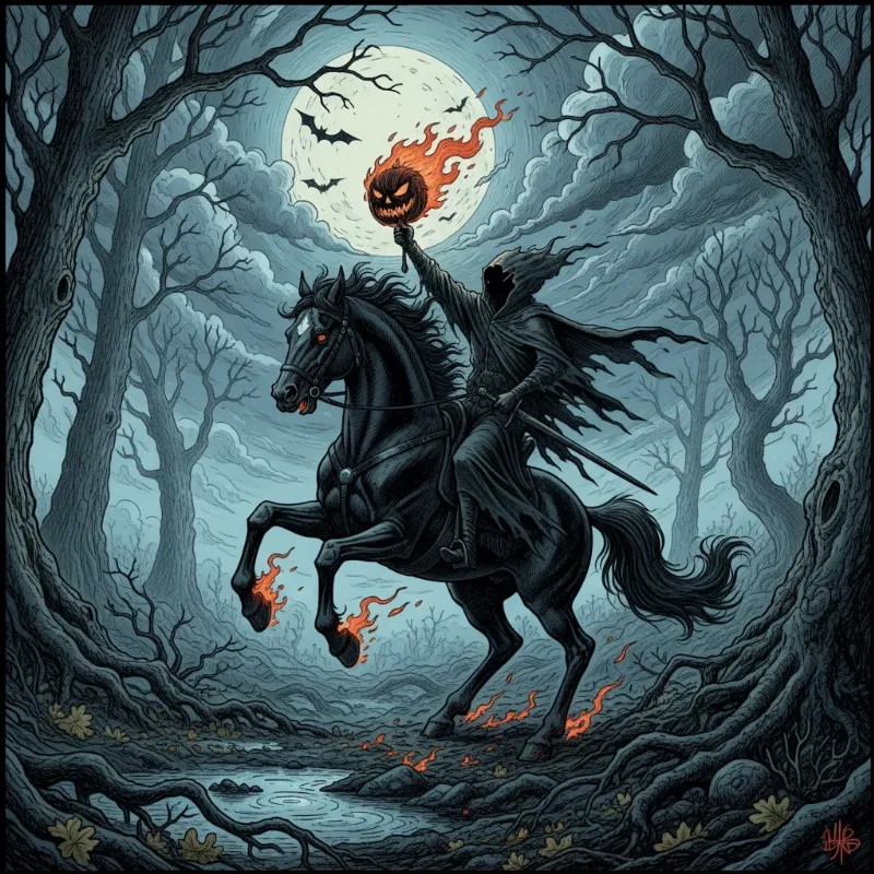 An illustration of the legendary Headless Horseman riding a powerful black steed, one of the most famous scary horse stories.