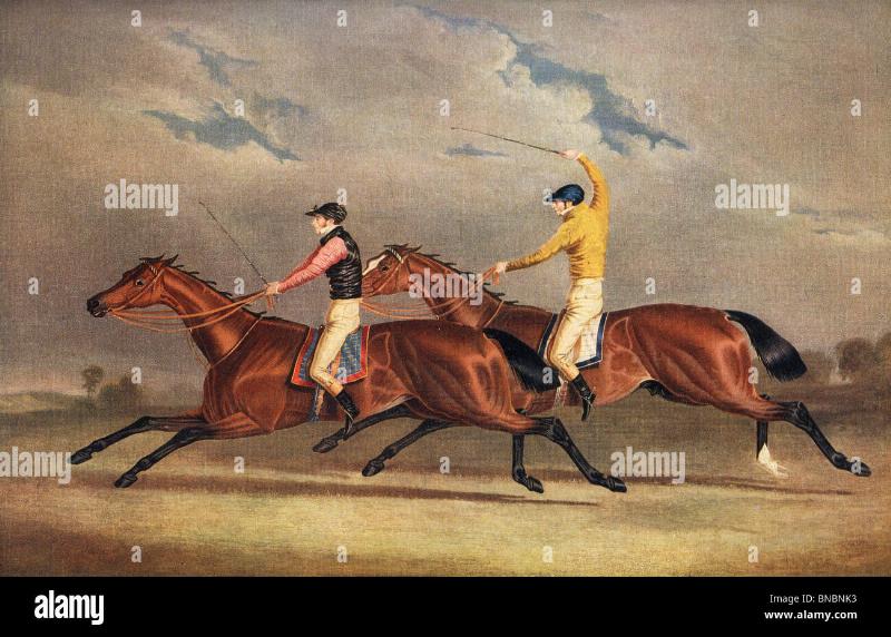 A classic black and white photo showing the finish line at a historic British horse racing event, capturing the timeless excitement of the sport.