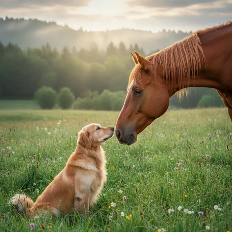 A beautiful golden retriever and a calm chestnut horse touching noses in a sunny green meadow, illustrating the classic horse and dog story.