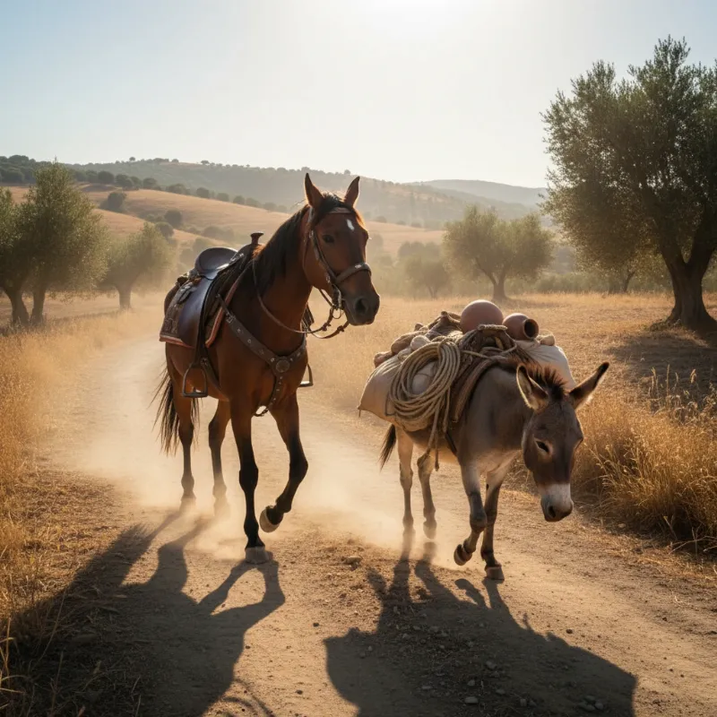 The donkey and the horse story illustrated with a proud horse and a struggling donkey on a sun-drenched path