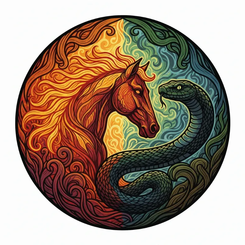 A conceptual image showing the profiles of a horse and a snake facing opposite directions, their forms blending together, representing duality and symbolism.