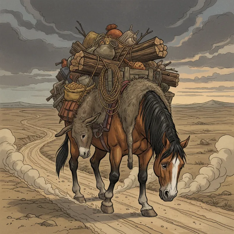 The horse from the donkey and the horse story now carrying all the loads, including the donkey's hide.