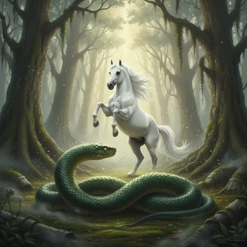 A detailed digital painting of a majestic white stallion rearing up to confront a giant, coiled serpent in a misty, ancient forest, capturing the essence of the horse snake story.